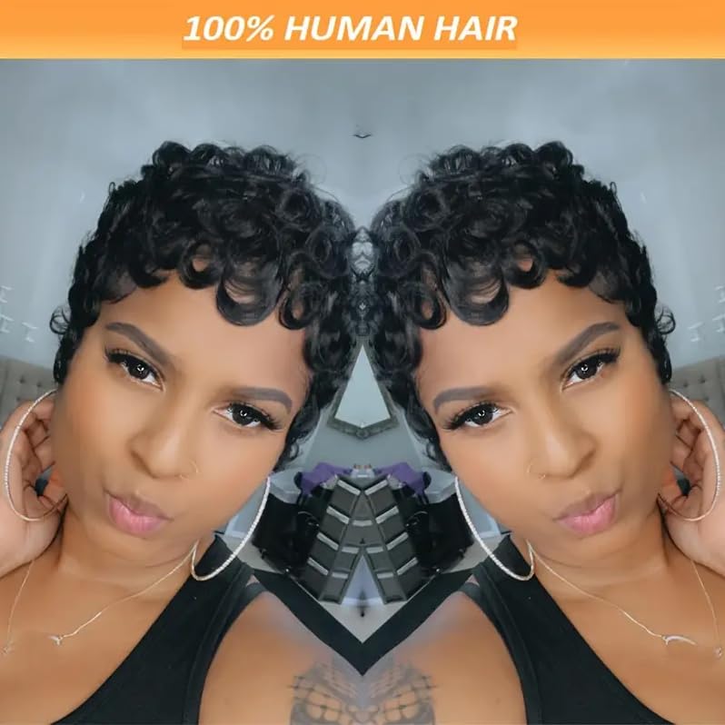Waveme Pixie Wigs for Black Women Human Hair Short Curly Pixie Cut Wigs For Black Women Full Machine Made Wig Glueless None Lace Front Wig Pixie Curly Black 1B