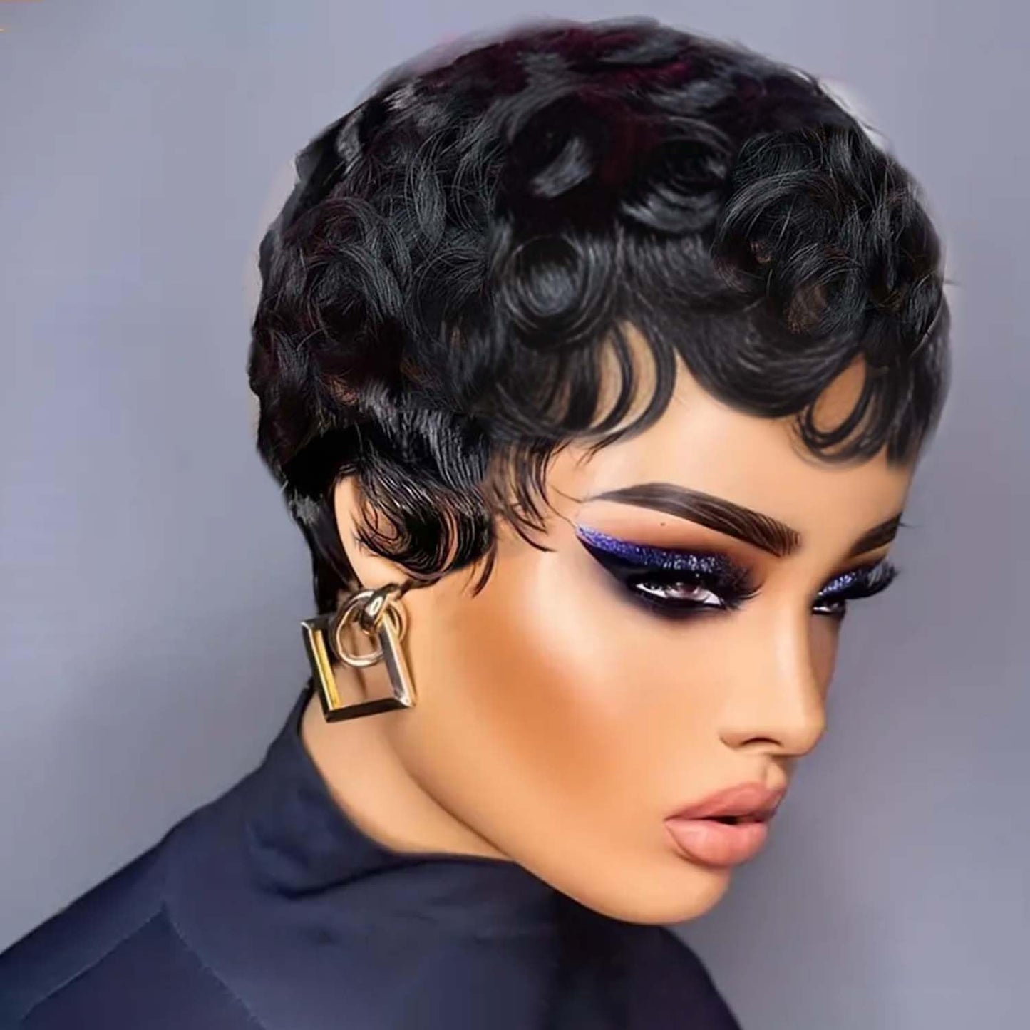 Waveme Pixie Wigs for Black Women Human Hair Short Curly Pixie Cut Wigs For Black Women Full Machine Made Wig Glueless None Lace Front Wig Pixie Curly Black 1B