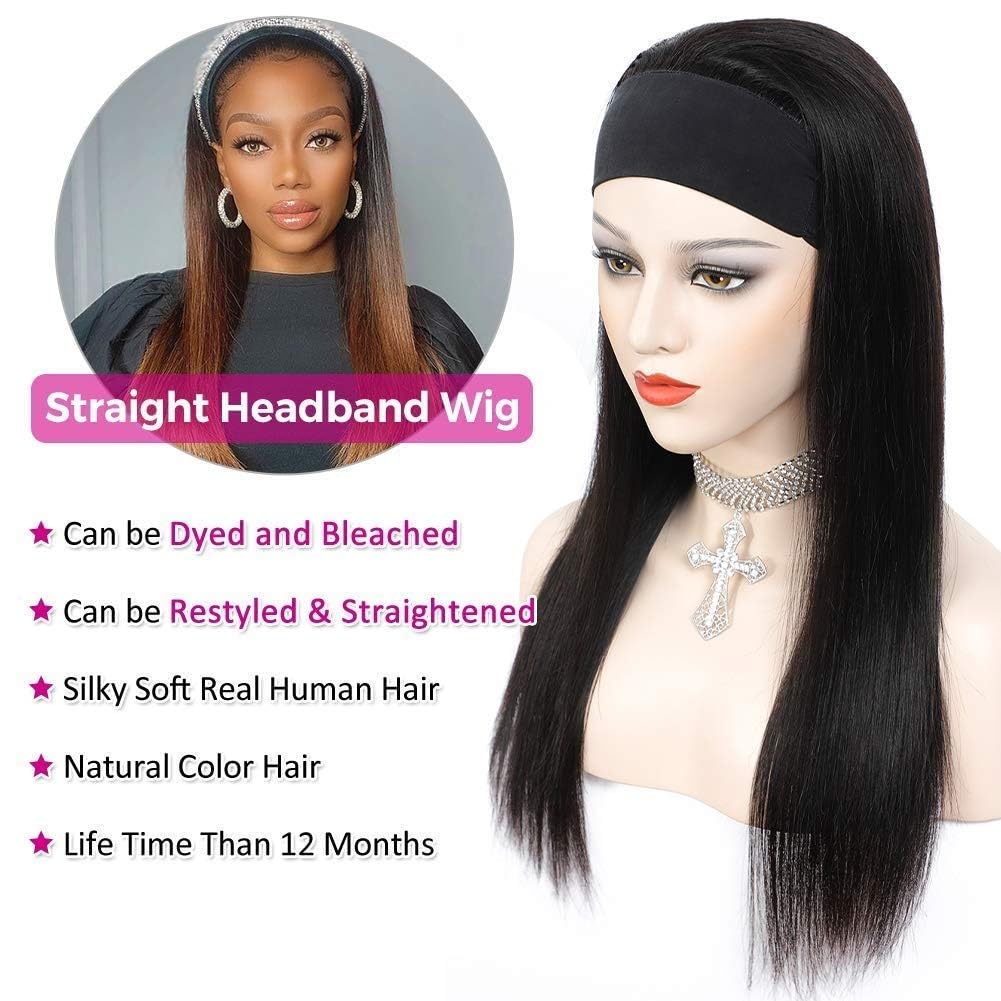 TNICE Headband Wig Human Hair Straight 18 Inch Headband Wigs for Black Women Glueless None Lace Front Human Hair Headband Wig Brazilian Virgin Hair Machine Made Wigs Natural Black 150% Density