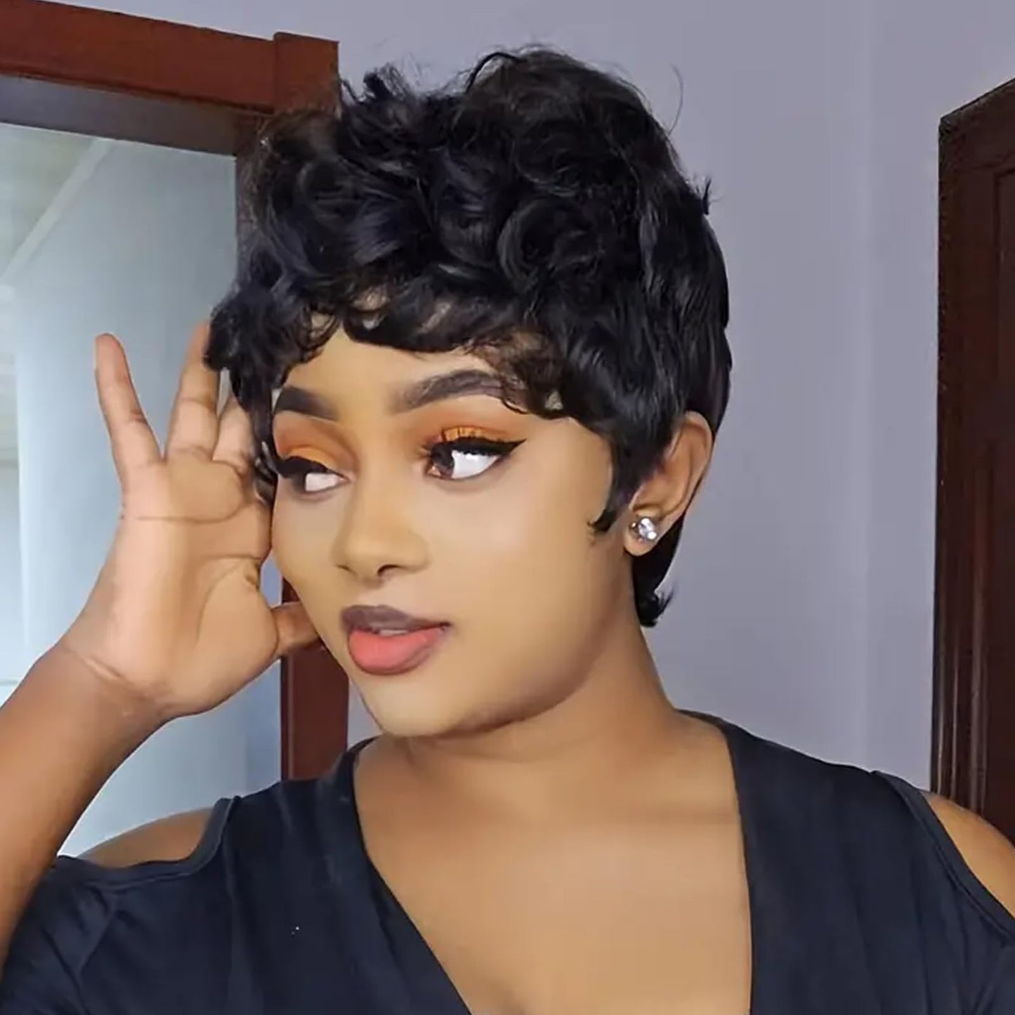 Waveme Pixie Wigs for Black Women Human Hair Short Curly Pixie Cut Wigs For Black Women Full Machine Made Wig Glueless None Lace Front Wig Pixie Curly Black 1B