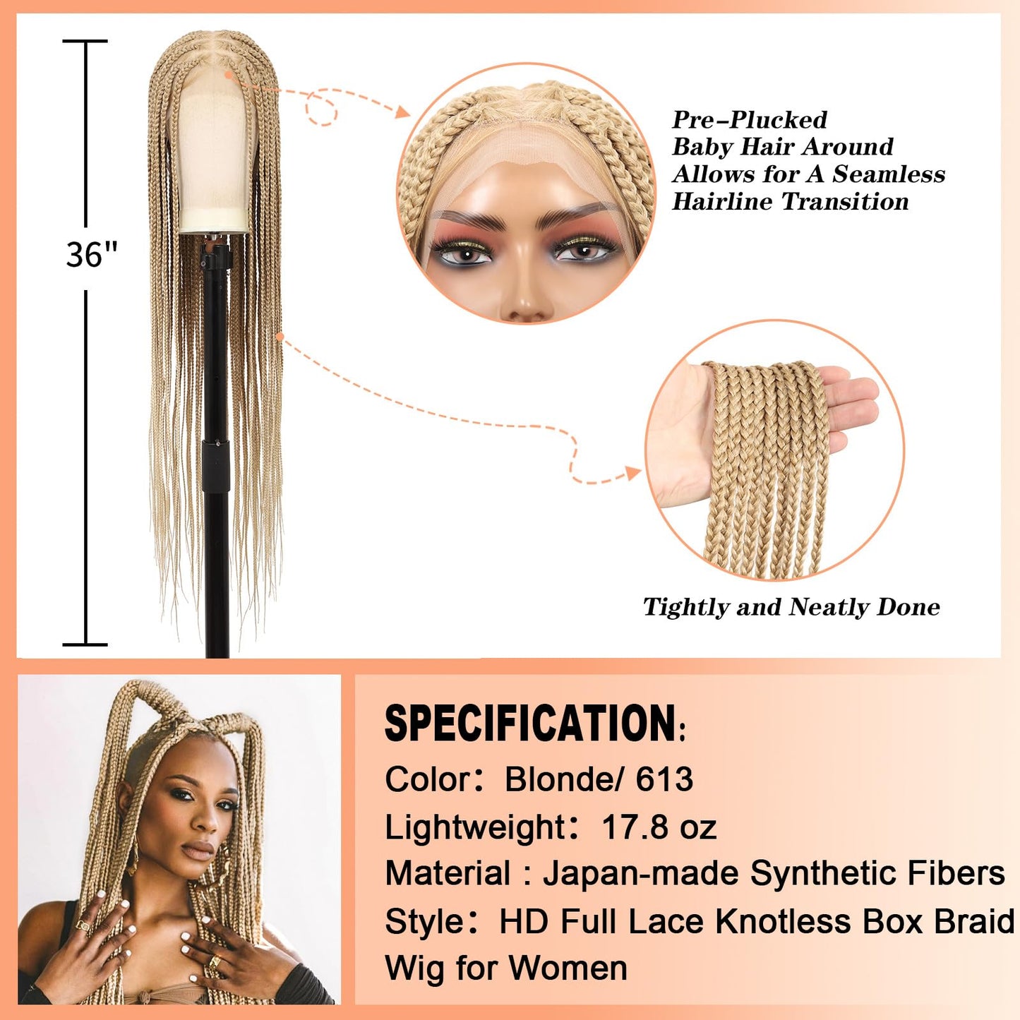 Brinbea 360° HD Full Lace Knotless Braided Wigs for Women Box Braid Wig with Baby Hair Braided Lace Front Wigs Premium Synthetic Braids Wig Long Blonde 36"