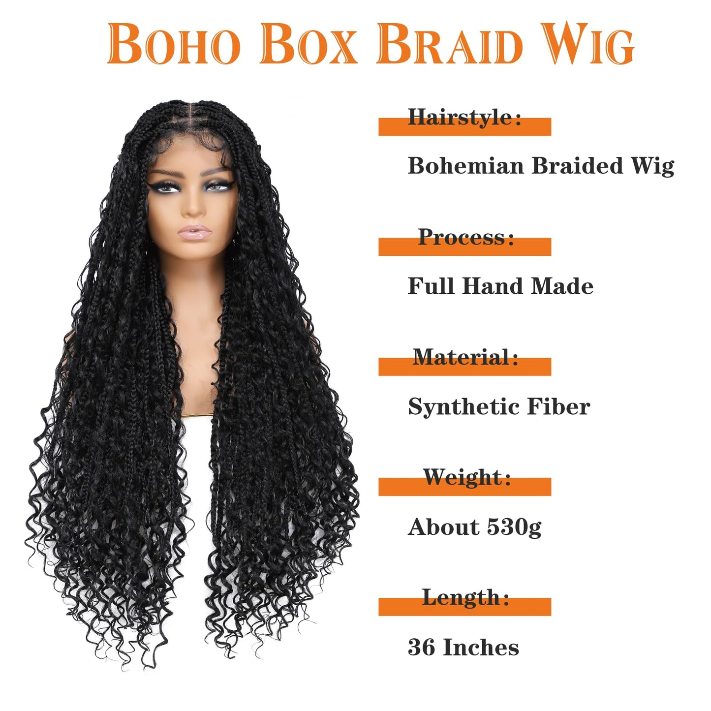 Yacurcur Boho Knotless Braided Wigs for Black Women Bohemian Box Braided Wigs Double Full Lace Braided Wigs with Baby Hair Synthetic Boho Braid Wig Natural Black 36Inch