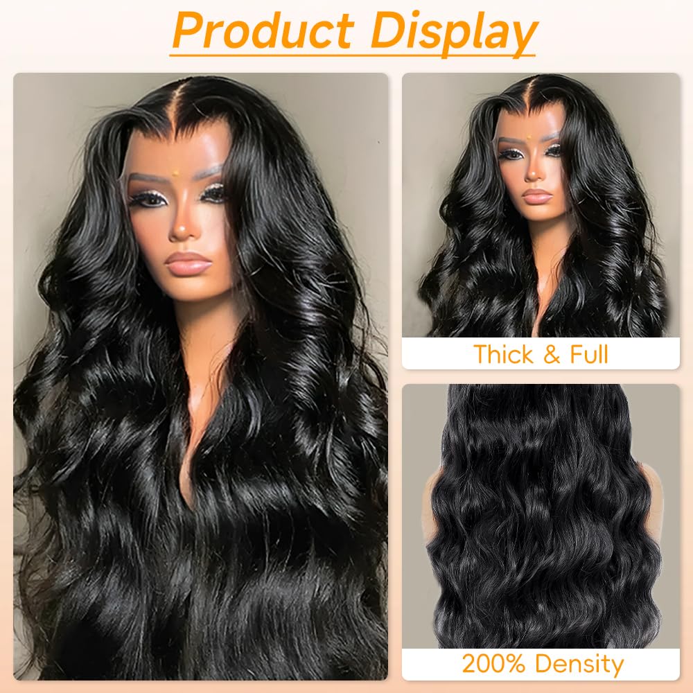 YetFree 28 Inch Body Wave Lace Front Wigs Human Hair Pre Plucked 13x6 HD Lace Frontal Wigs Brazilian Virgin Human Hair 200 Density Glueless Body Wave wig with Baby Hair Natural Black