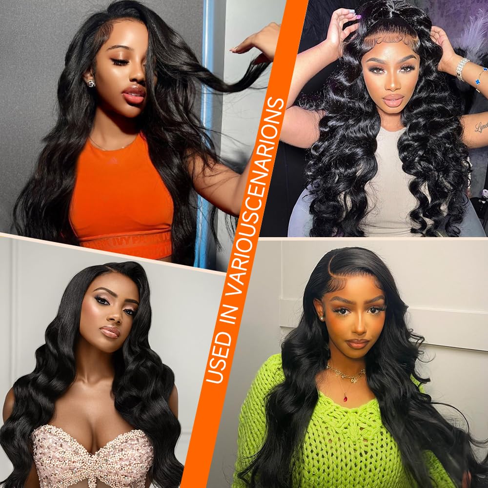 YetFree 28 Inch Body Wave Lace Front Wigs Human Hair Pre Plucked 13x6 HD Lace Frontal Wigs Brazilian Virgin Human Hair 200 Density Glueless Body Wave wig with Baby Hair Natural Black