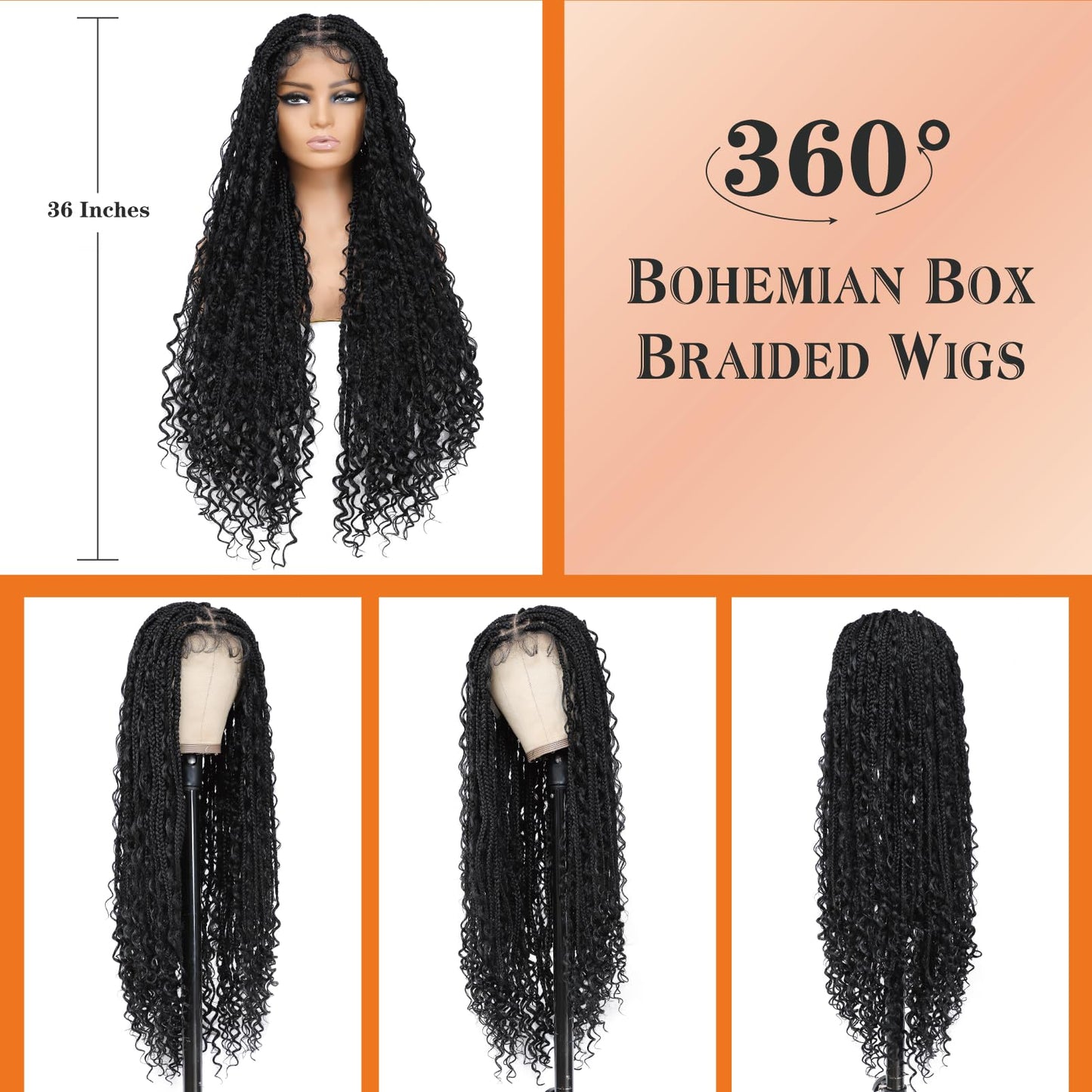 Yacurcur Boho Knotless Braided Wigs for Black Women Bohemian Box Braided Wigs Double Full Lace Braided Wigs with Baby Hair Synthetic Boho Braid Wig Natural Black 36Inch