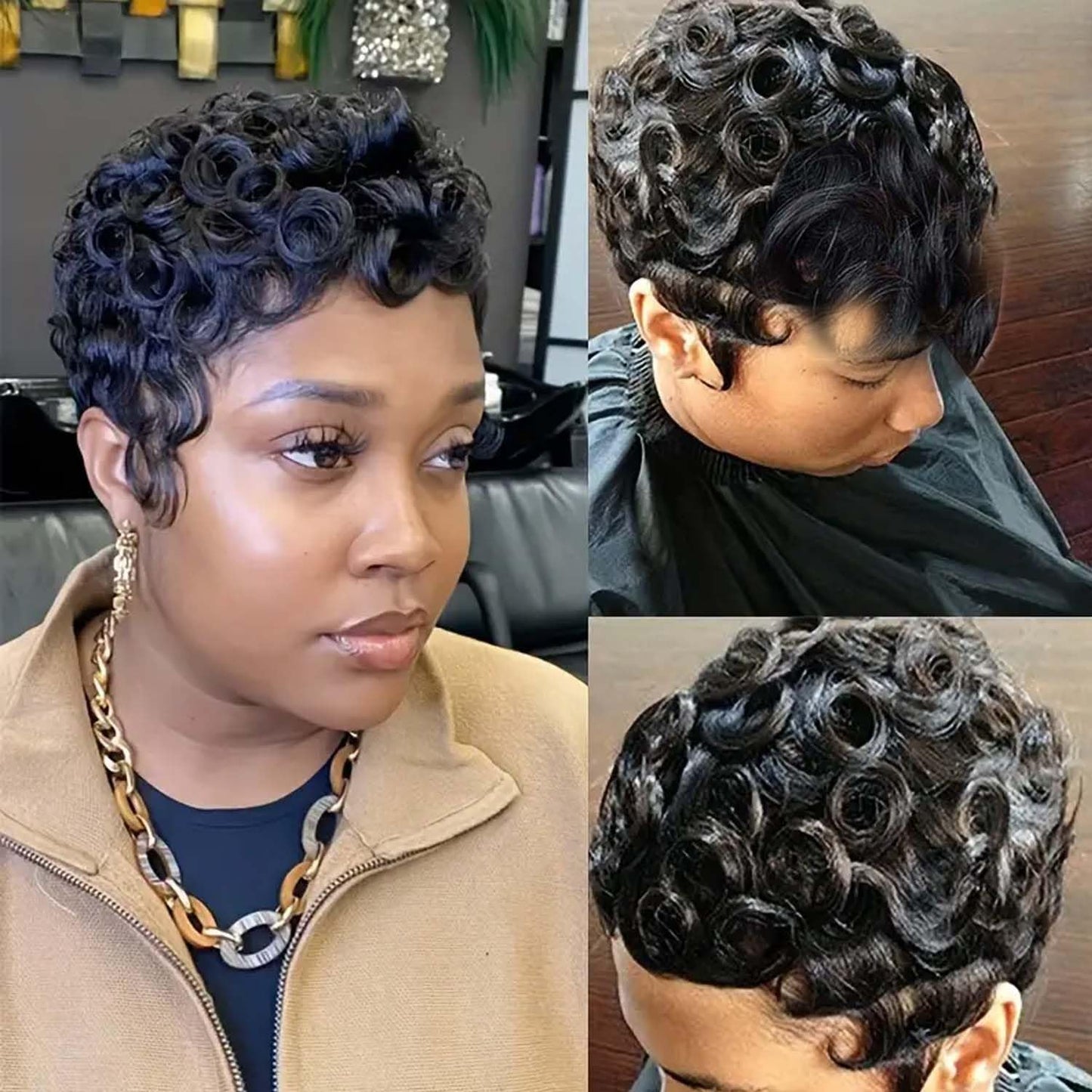 Waveme Pixie Wigs for Black Women Human Hair Short Curly Pixie Cut Wigs For Black Women Full Machine Made Wig Glueless None Lace Front Wig Pixie Curly Black 1B