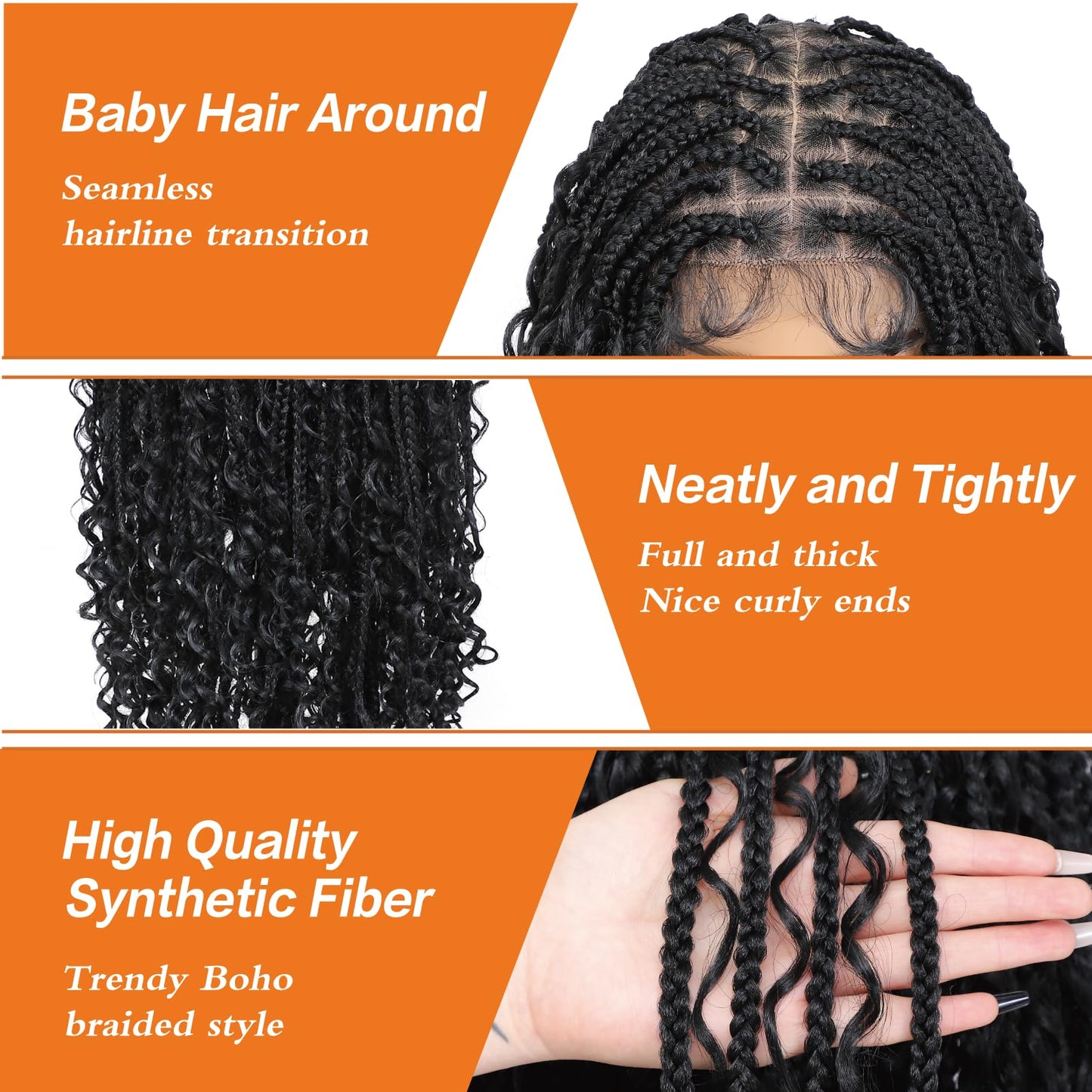 Yacurcur Boho Knotless Braided Wigs for Black Women Bohemian Box Braided Wigs Double Full Lace Braided Wigs with Baby Hair Synthetic Boho Braid Wig Natural Black 36Inch