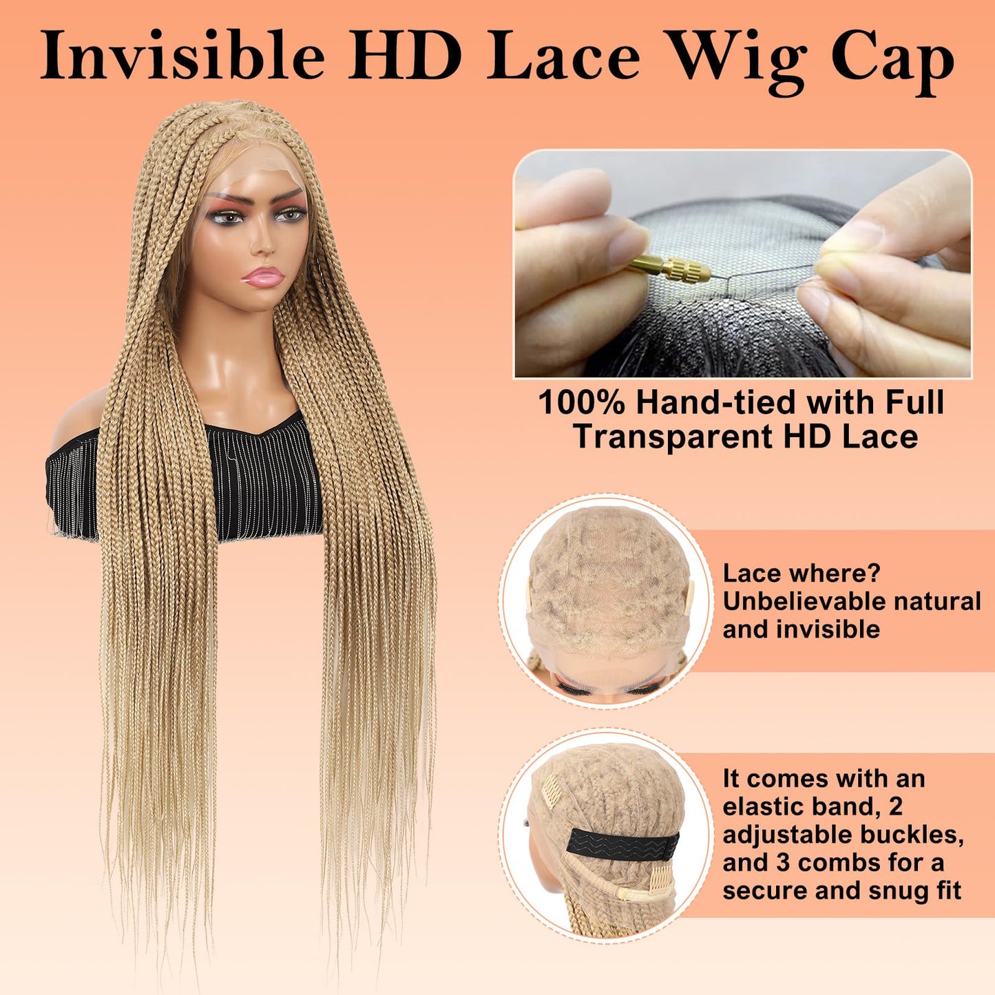 Brinbea 360° HD Full Lace Knotless Braided Wigs for Women Box Braid Wig with Baby Hair Braided Lace Front Wigs Premium Synthetic Braids Wig Long Blonde 36"
