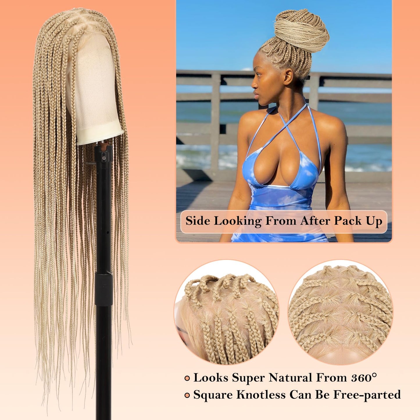 Brinbea 360° HD Full Lace Knotless Braided Wigs for Women Box Braid Wig with Baby Hair Braided Lace Front Wigs Premium Synthetic Braids Wig Long Blonde 36"