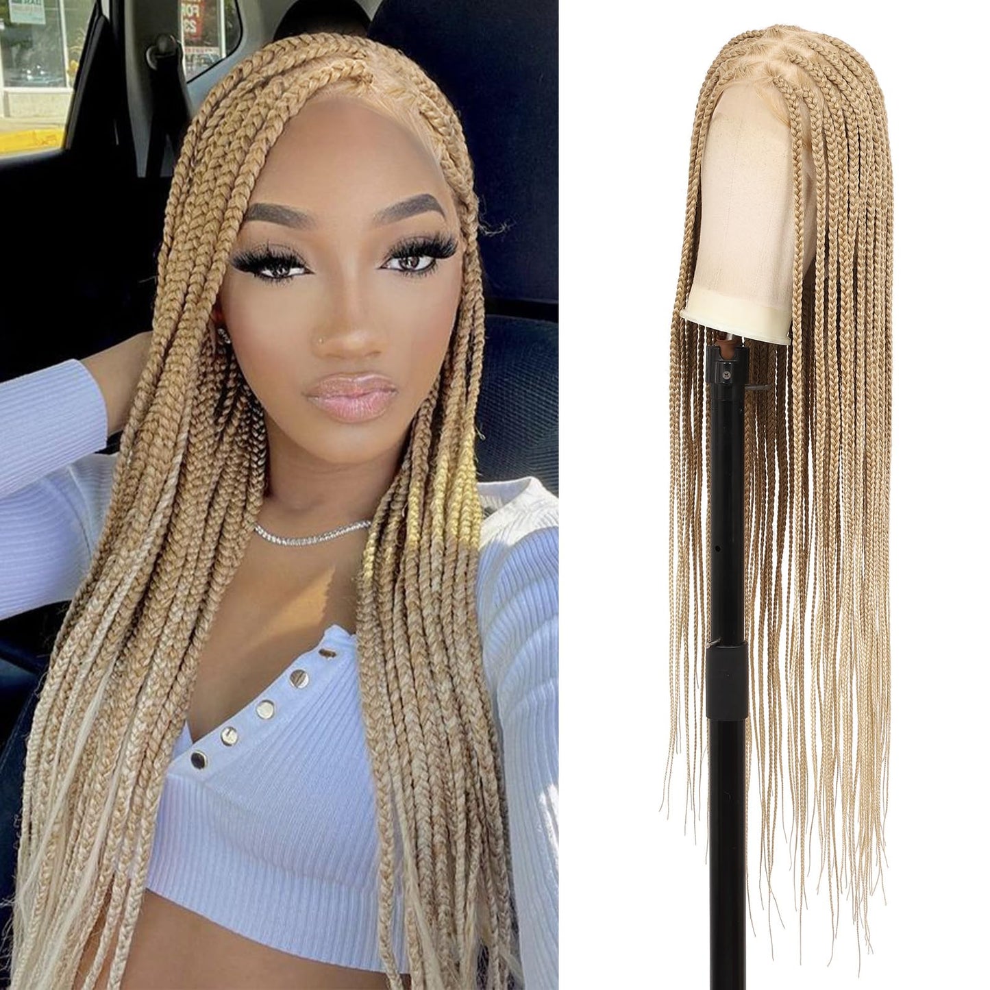 Brinbea 360° HD Full Lace Knotless Braided Wigs for Women Box Braid Wig with Baby Hair Braided Lace Front Wigs Premium Synthetic Braids Wig Long Blonde 36"
