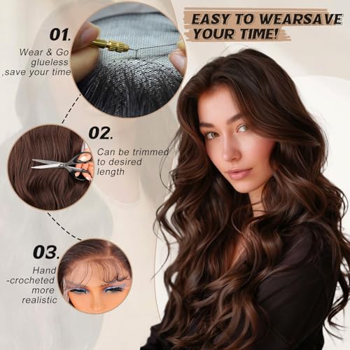 SUKRI 13×4 Red Brown Lace Front Wig 26Inch Long Wavy Brown Wig with Baby Hair Synthetic Lace Front Wig for Women Daily Party Use