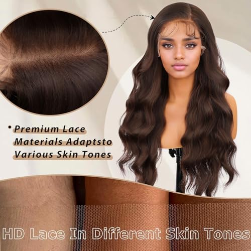 SUKRI 13×4 Red Brown Lace Front Wig 26Inch Long Wavy Brown Wig with Baby Hair Synthetic Lace Front Wig for Women Daily Party Use