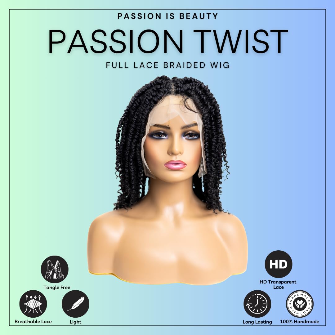 PIB 12'' Single Full Lace Wig – Passion Twist Square Parted, Knotless Braided Wigs for Black Women, Synthetic Lace with Natural Baby Hair (#1B Off Black, 12")