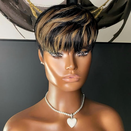 RICONEY Pixie Cut Wig Human Hair Wigs for Black Women Short Bob Wig Ombre None Lace Front Wig with Bangs Glueless Full Machine Made Wig 1B/33 Color