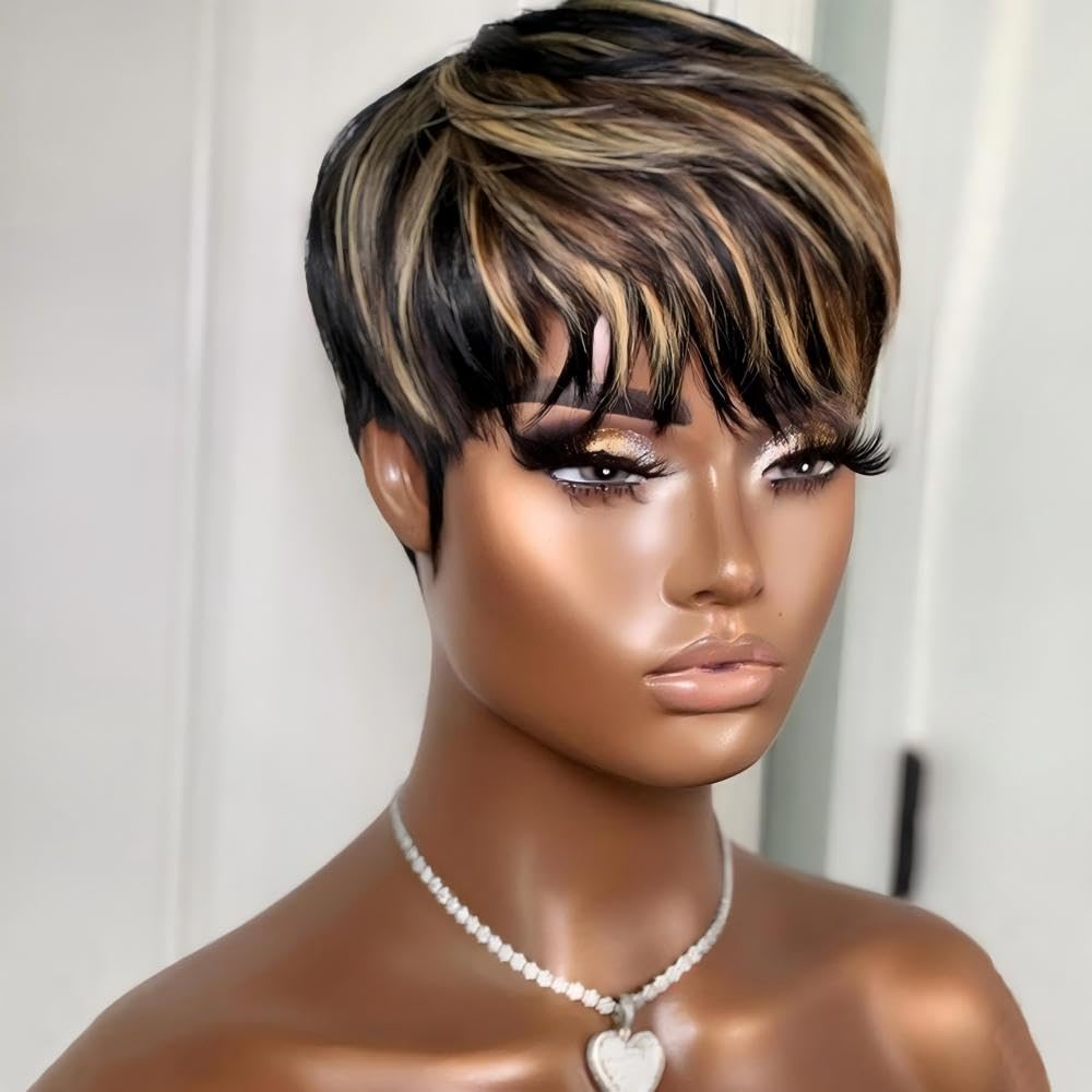 RICONEY Pixie Cut Wig Human Hair Wigs for Black Women Short Bob Wig Ombre None Lace Front Wig with Bangs Glueless Full Machine Made Wig 1B/33 Color