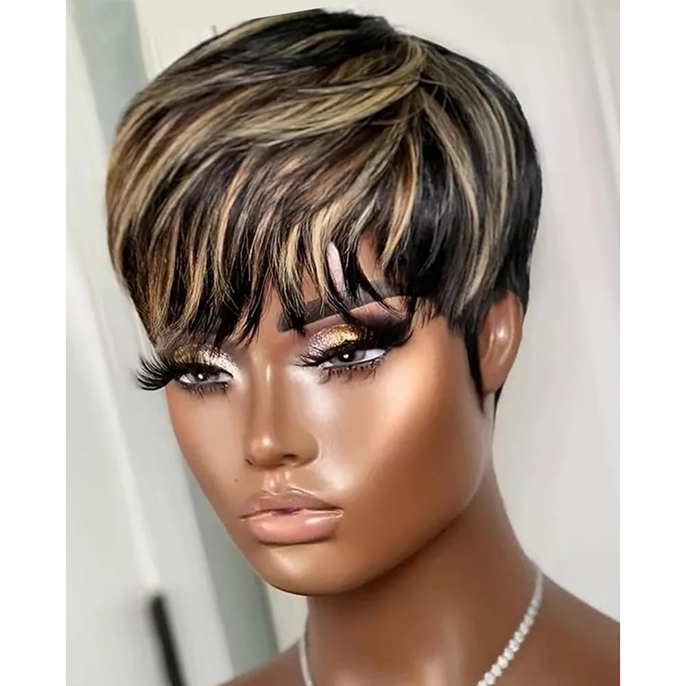 RICONEY Pixie Cut Wig Human Hair Wigs for Black Women Short Bob Wig Ombre None Lace Front Wig with Bangs Glueless Full Machine Made Wig 1B/33 Color