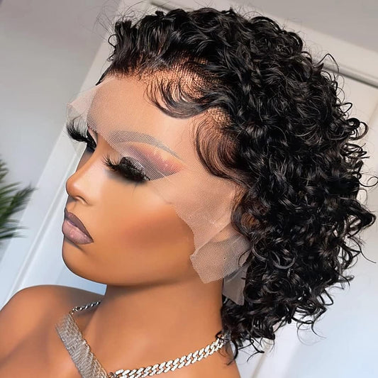Pixie Cut Curly 13x1 Transparent HD Lace Front Wigs Human Hair Pre Plucked Hairline Short Curly Glueless Lace Front Wigs for Black Women Brazilian Virgin Hair 150% Density Natural Color 6 Inch