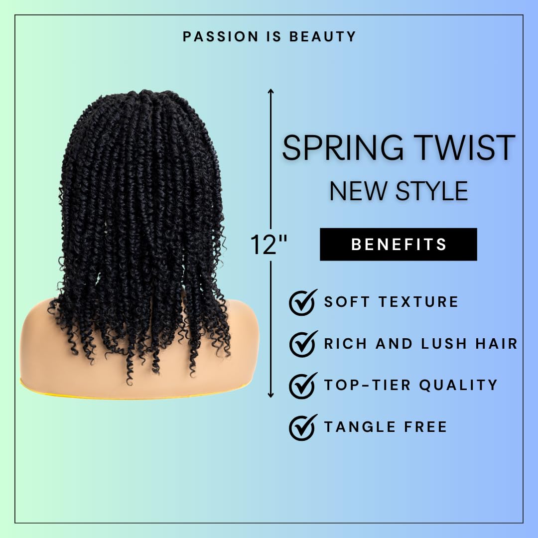 PIB 12'' Single Full Lace Wig – Passion Twist Square Parted, Knotless Braided Wigs for Black Women, Synthetic Lace with Natural Baby Hair (#1B Off Black, 12")