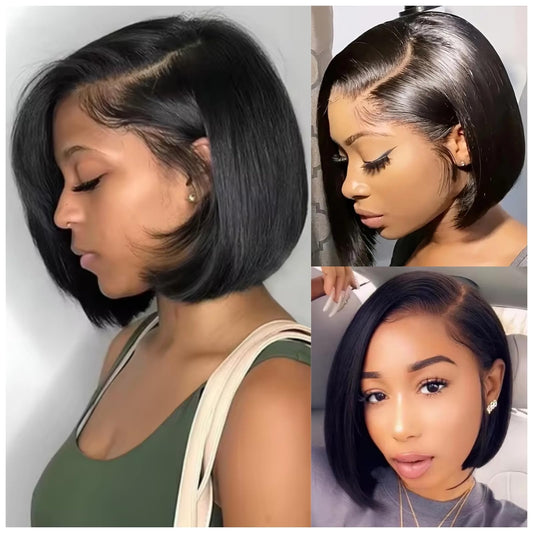 Short Bob Wigs Human Hair Glueless Wig 13x4 HD Lace Front Closure Short Straight Bob Wig for Black Women, Natural Black Glueless Lace Wigs Human Hair Pre Plucked Pre Cut 180% Density 10 Inch Bob Wigs