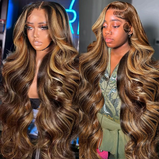 PIOGH 30 Inch Honey Blonde Ombre Lace Front Wig Human Hair Highlight Body Wave Lace Front Wigs Human Hair Pre Plucked 180 Density Glueless 13X4 HD Lace Frontal Wig for Women 4/27 Colored