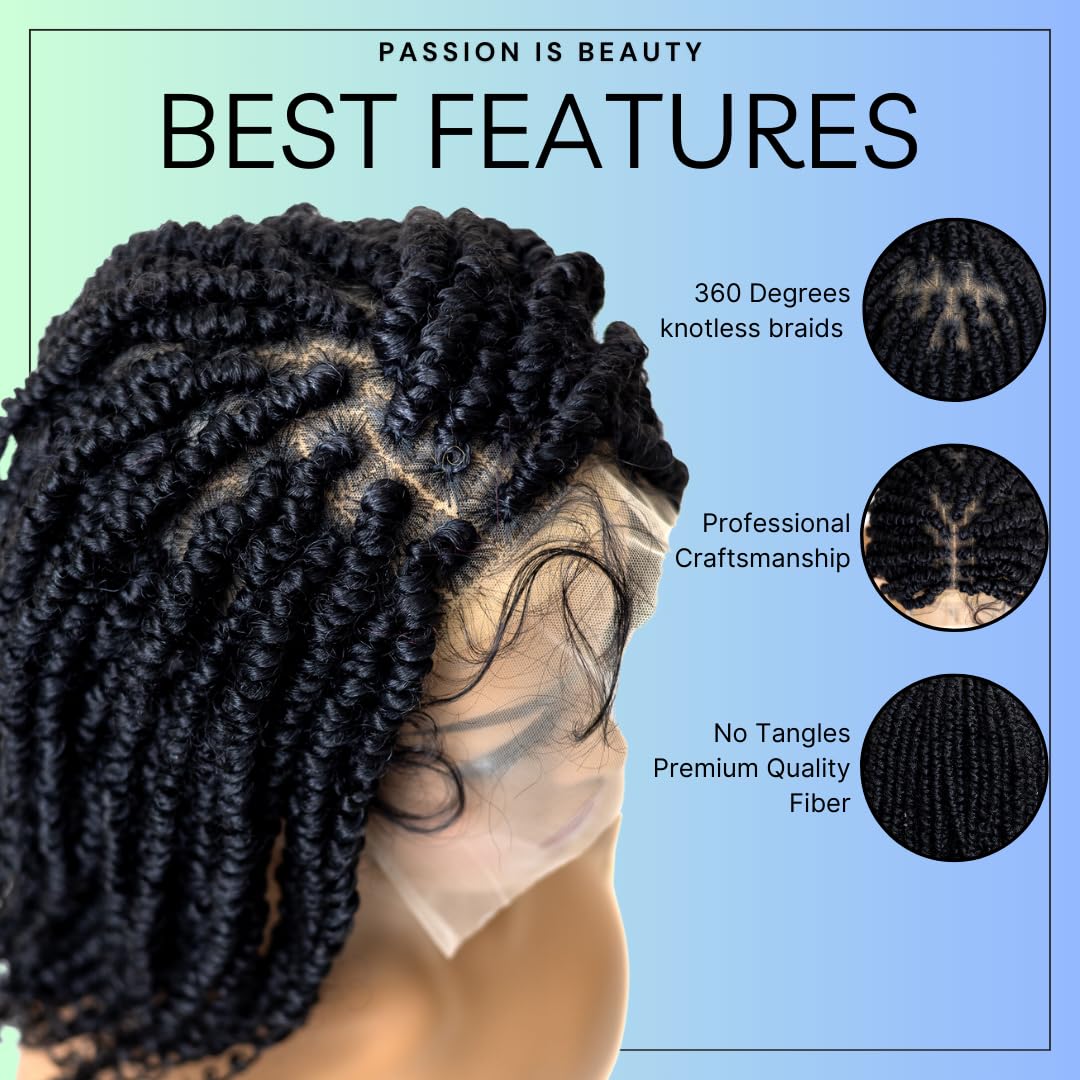 PIB 12'' Single Full Lace Wig – Passion Twist Square Parted, Knotless Braided Wigs for Black Women, Synthetic Lace with Natural Baby Hair (#1B Off Black, 12")