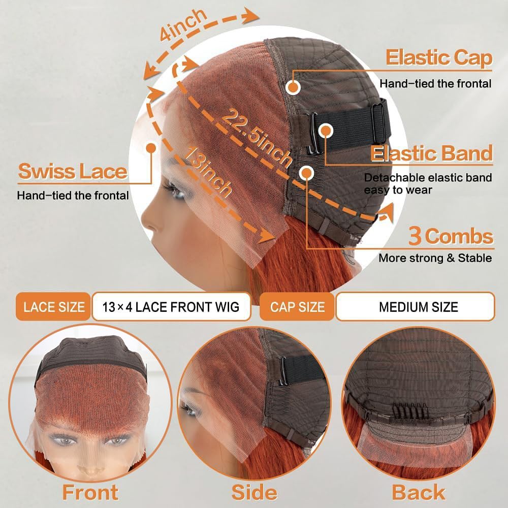 22Inch Ginger Lace Front Wigs Human Hair Pre Plucked 13x4 Body Wave Lace Frontal Wigs Human Hair 350# Colored Wig Human Hair Ginger Wig Human Hair Orange Wigs for Women Natural Hairline 180% Density
