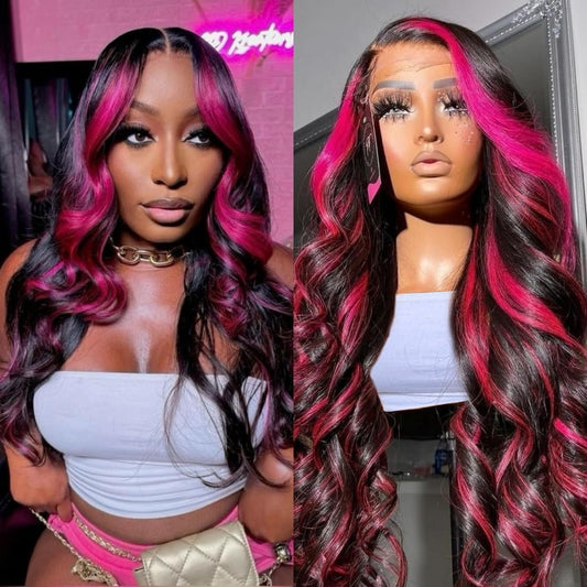Agairl 26 Inch Ombre 13x6 Lace Front Wigs Human Hair Pre Plucked 210% Density Skunk Strip Highlight Wig Human Hair Pink And Black Wig HD Lace Frontal 1B/Pink Colored Wigs