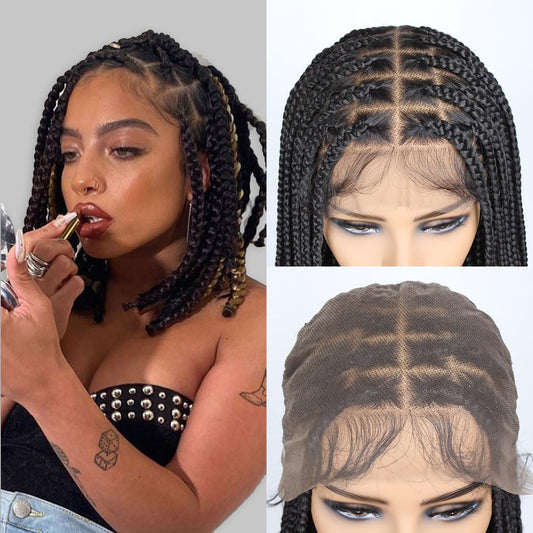 lounoke 14 inch 13x8 Braided Lace Front Wigs for Black Women, Short Knotless Box Braids Wigs with Baby Hair, Black Synthetic Medium Braided Wig