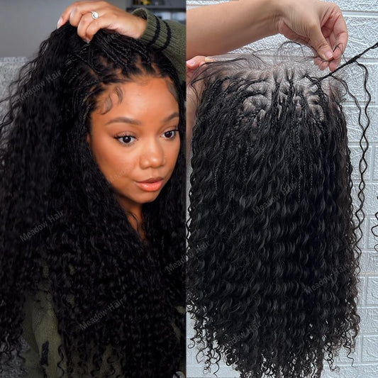 Meadow hair Boho Box Braids Wig Brazilian Virgin Full Lace Human Hair Wigs Transparent Lace Glueless Square Parted Boho Braided Wigs Human Hair Knotless Pre Plucked Glueless For Black Women 12Inch