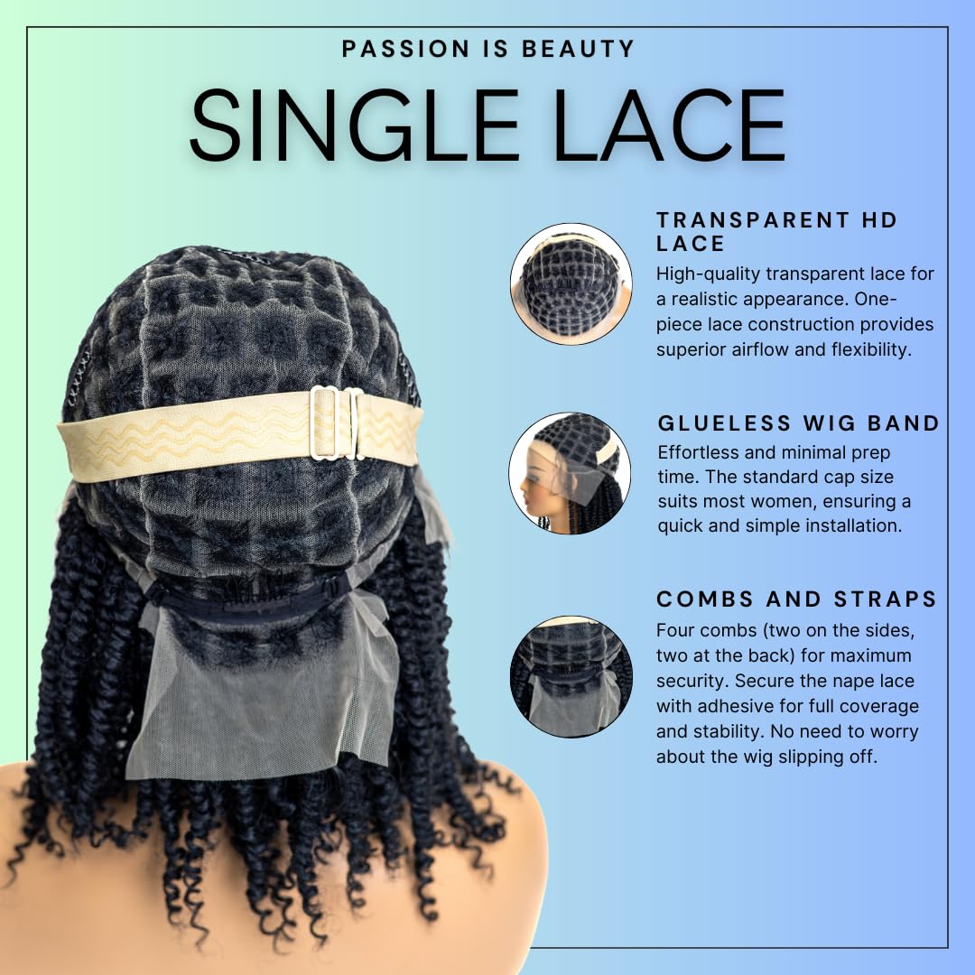 PIB 12'' Single Full Lace Wig – Passion Twist Square Parted, Knotless Braided Wigs for Black Women, Synthetic Lace with Natural Baby Hair (#1B Off Black, 12")