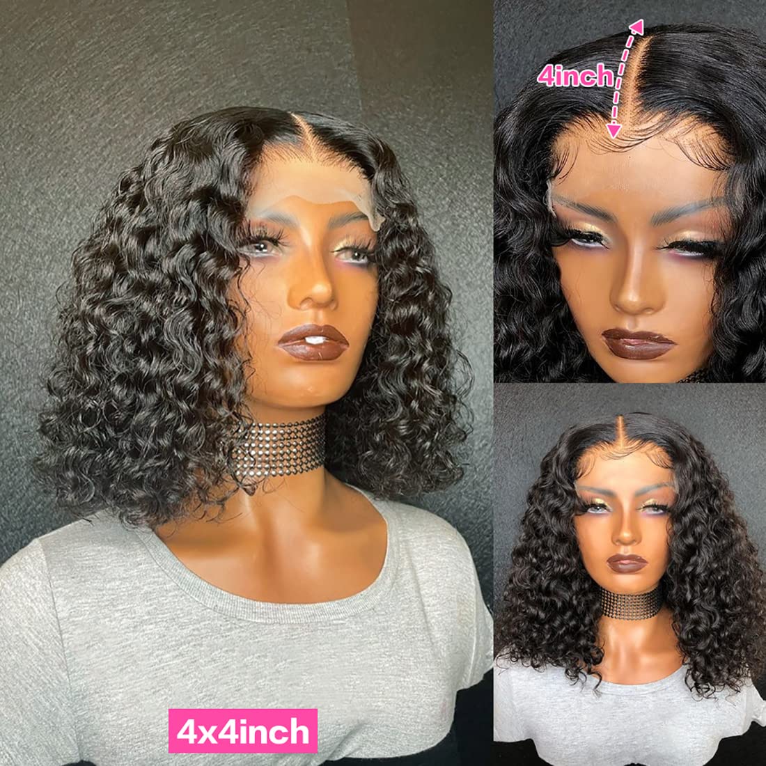 Recomtic Bob Wigs Human Hair Wet and Wave Lace Front Short Curly Wigs for Black Women Water Wave 4x4 Closure Wigs with Baby Hair 150% Density Natural Color 10Inch