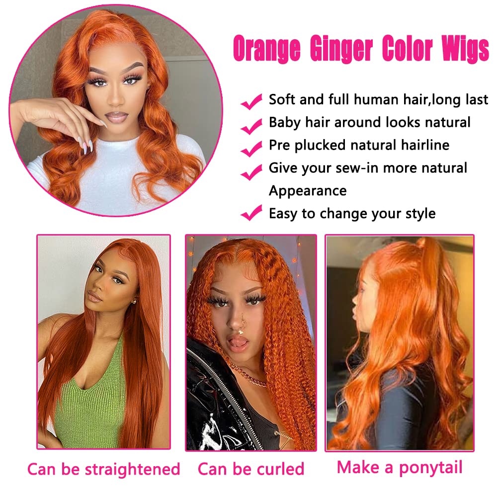 22Inch Ginger Lace Front Wigs Human Hair Pre Plucked 13x4 Body Wave Lace Frontal Wigs Human Hair 350# Colored Wig Human Hair Ginger Wig Human Hair Orange Wigs for Women Natural Hairline 180% Density