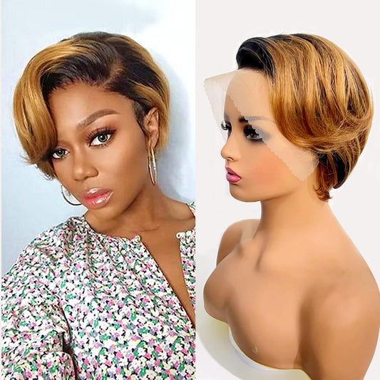 SHUNHUIXC Pixie Cut Wig Human Hair 13x4 Lace Front Wigs 8 inch Short Pixie Cut Glueless Human Hair Wigs Pre Plucked Short Straight Bob Wigs for Black Women 180% Density Natural Hairline T1B/30