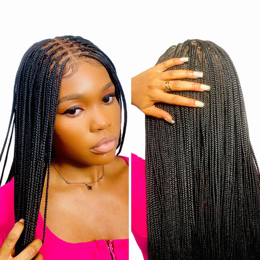RITA – African Braided, Premium Full Lace Black Knotless Braided Wig for Women (28 Inches)