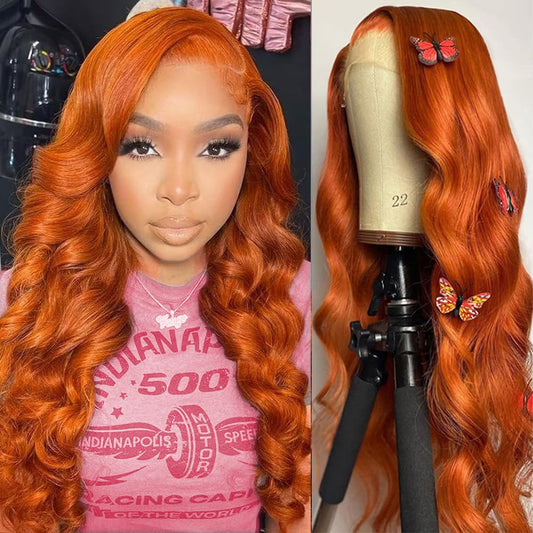 22Inch Ginger Lace Front Wigs Human Hair Pre Plucked 13x4 Body Wave Lace Frontal Wigs Human Hair 350# Colored Wig Human Hair Ginger Wig Human Hair Orange Wigs for Women Natural Hairline 180% Density