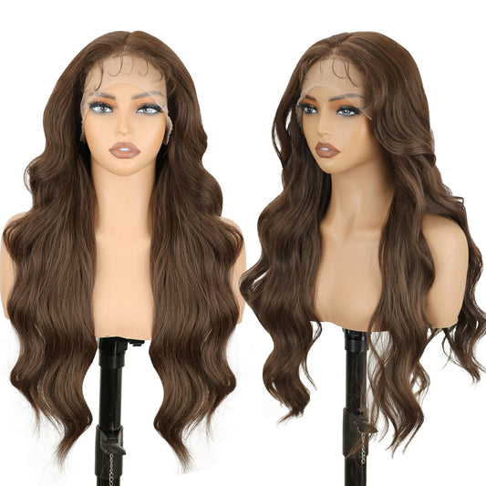 SUKRI 13×4 Red Brown Lace Front Wig 26Inch Long Wavy Brown Wig with Baby Hair Synthetic Lace Front Wig for Women Daily Party Use