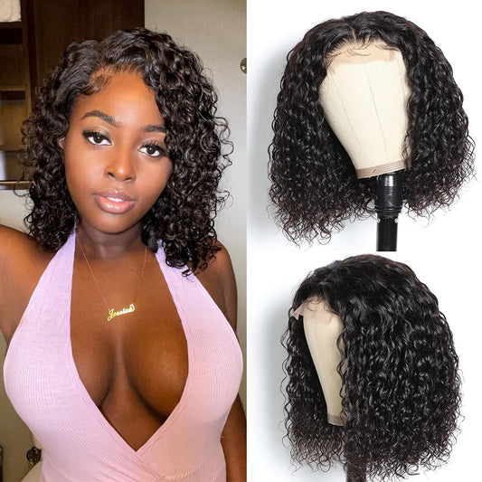 Recomtic Bob Wigs Human Hair Wet and Wave Lace Front Short Curly Wigs for Black Women Water Wave 4x4 Closure Wigs with Baby Hair 150% Density Natural Color 10Inch