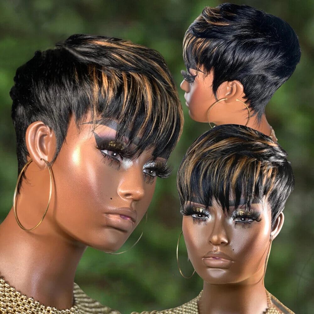 RICONEY Pixie Cut Wig Human Hair Wigs for Black Women Short Bob Wig Ombre None Lace Front Wig with Bangs Glueless Full Machine Made Wig 1B/33 Color