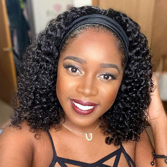 Punmasa Headband Wig Human Hair Deep Wave 12 Inches None Lace Front Wig Human Hair Machine Made Wigs 150% Density Headband Curly Human Hair Wigs for Women Natural Color Half wig