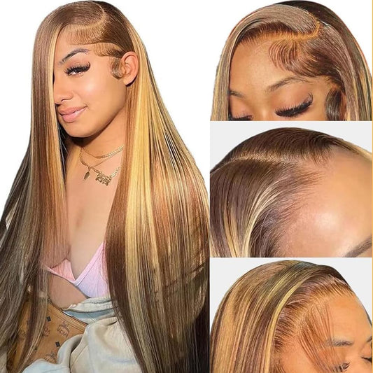 NARNI 30 Inch Honey Blonde Ombre Lace Front Wig Human Hair 180% Density 13x4 Highlight Lace Front Wigs Human Hair Pre Plucked 4/27 Straight HD Lace Frontal Wig Human Hair for Women with Baby Hair
