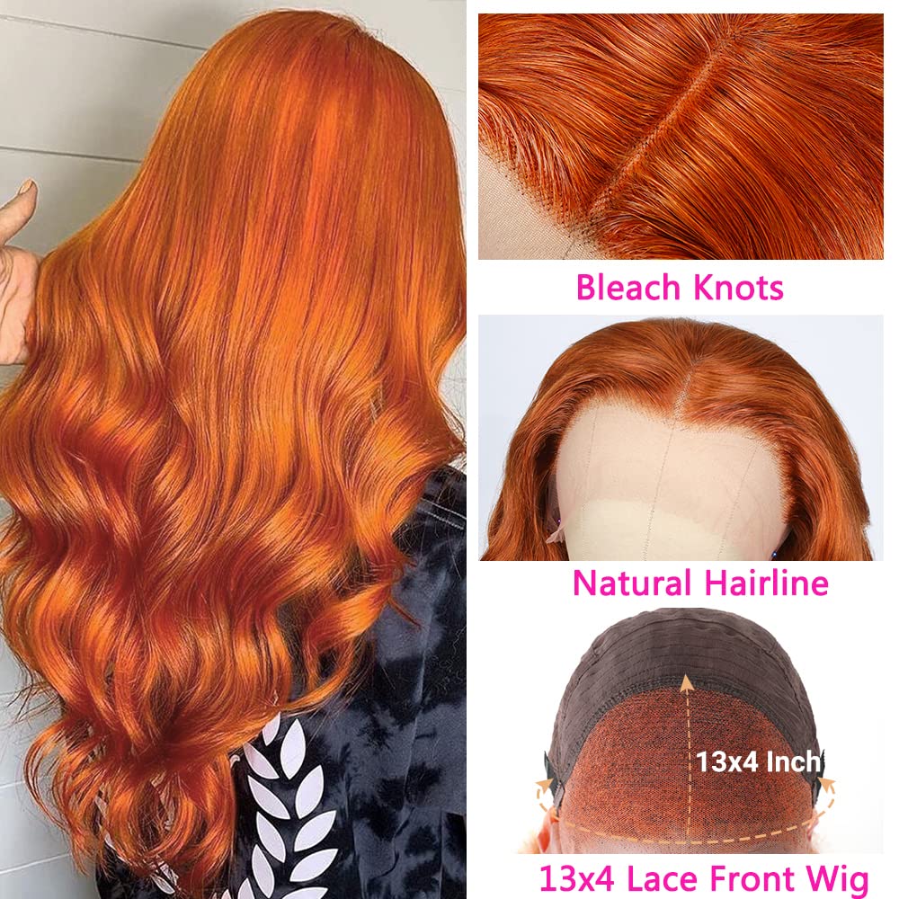 22Inch Ginger Lace Front Wigs Human Hair Pre Plucked 13x4 Body Wave Lace Frontal Wigs Human Hair 350# Colored Wig Human Hair Ginger Wig Human Hair Orange Wigs for Women Natural Hairline 180% Density