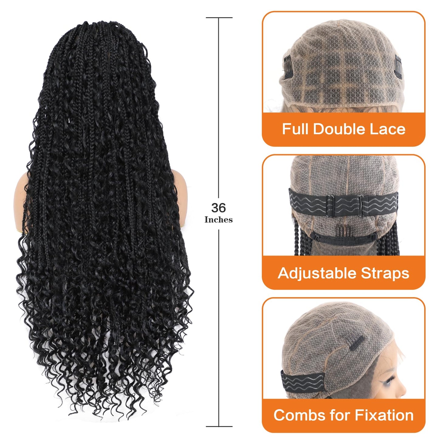 Yacurcur Boho Knotless Braided Wigs for Black Women Bohemian Box Braided Wigs Double Full Lace Braided Wigs with Baby Hair Synthetic Boho Braid Wig Natural Black 36Inch