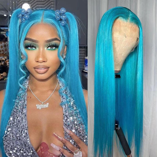 JHXAYW Light Blue Synthetic Lace Front Wig for Women Colored Wigs Straight Glueless Free Part Wigs Pre Plucked With Natural Hairline For White Women Heat Resistant Hair