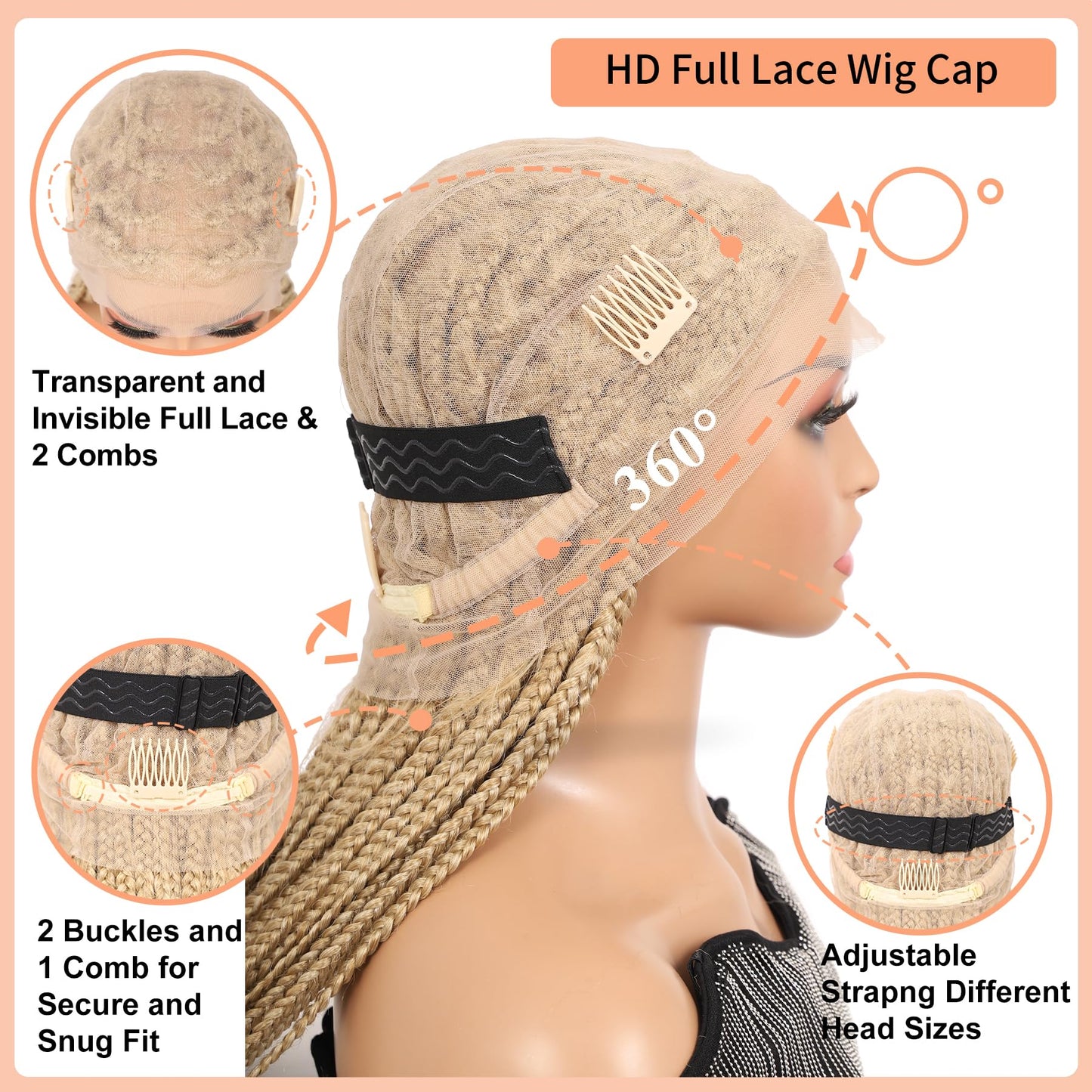 Brinbea 360° HD Full Lace Knotless Braided Wigs for Women Box Braid Wig with Baby Hair Braided Lace Front Wigs Premium Synthetic Braids Wig Long Blonde 36"