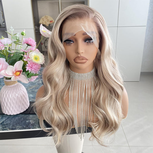 Carkira Blonde with Brown Wig Highlight 13x4 Lace Front Wigs Loose Body Wave Synthetic Fiber Pre Plucked 18Inch for Women