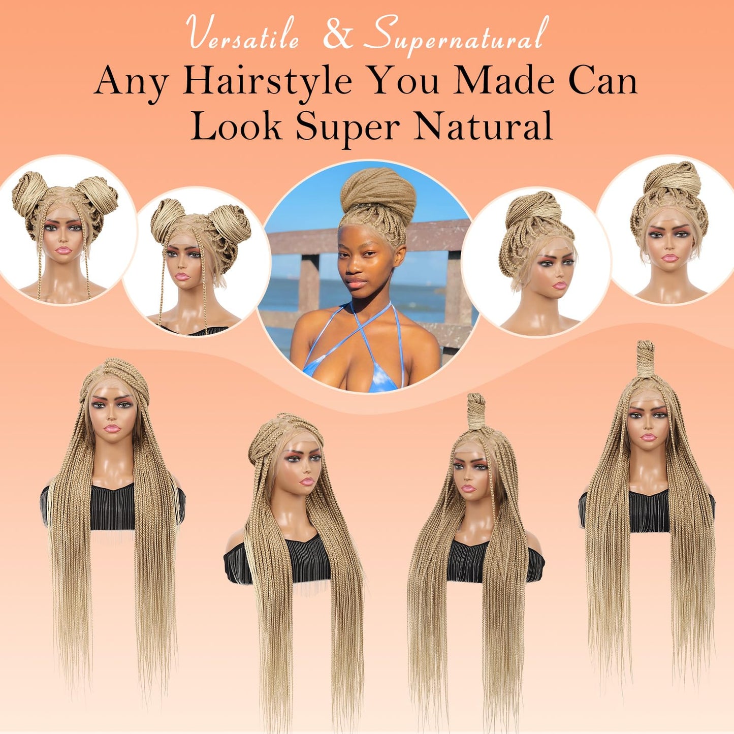 Brinbea 360° HD Full Lace Knotless Braided Wigs for Women Box Braid Wig with Baby Hair Braided Lace Front Wigs Premium Synthetic Braids Wig Long Blonde 36"