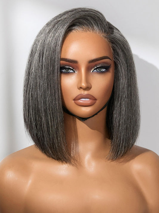 LUVME HAIR 10'' Grey Salt & Pepper Bob Wig Blunt Cut Bob Wig Pre Cut Glueless Wigs Glueless Lace Front 10 Inches Bob, Pre Cut Plucked Hd Lace Short Wig Ready To Go Natural Color Straight Side Part