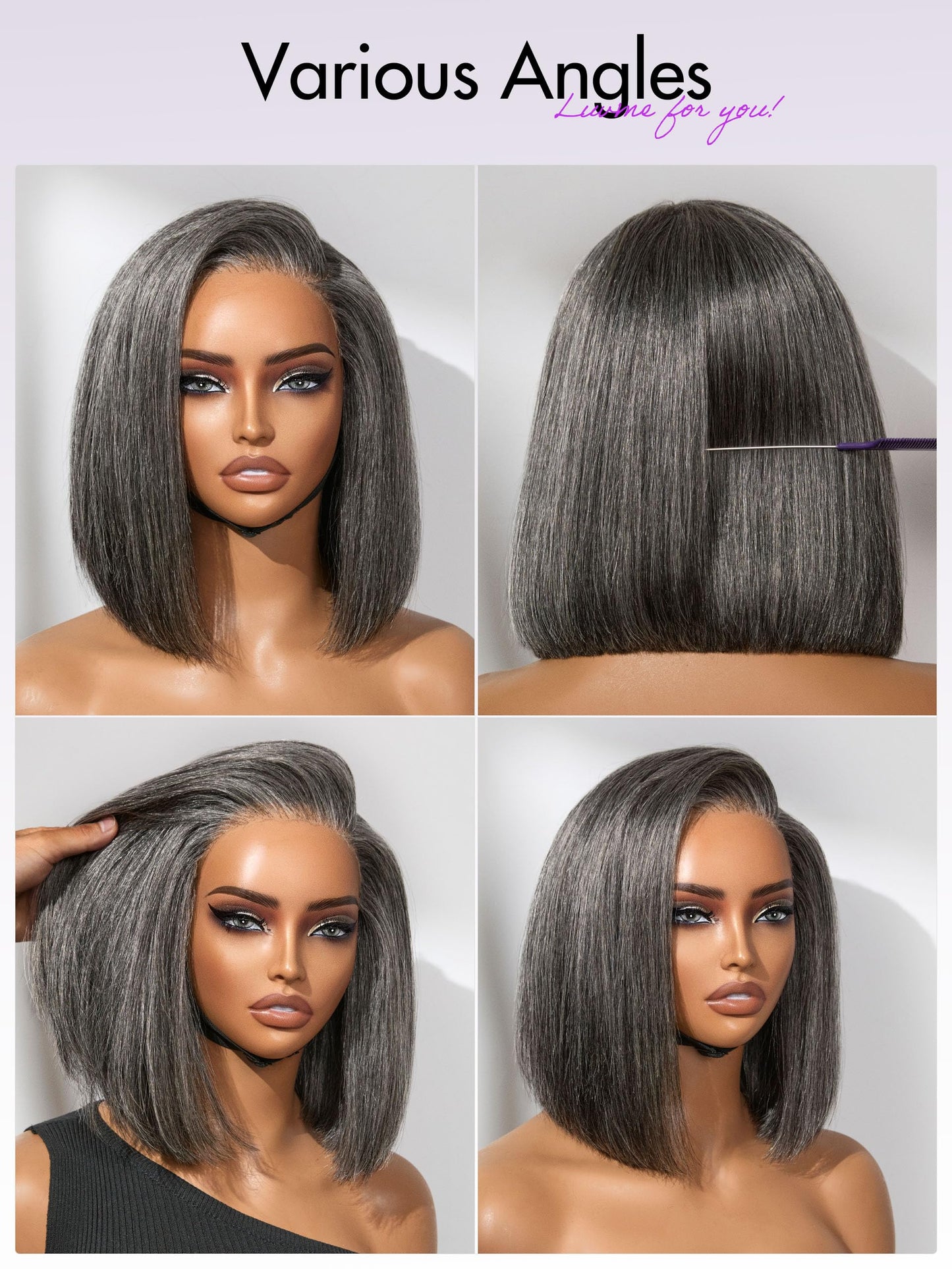 LUVME HAIR 10'' Grey Salt & Pepper Bob Wig Blunt Cut Bob Wig Pre Cut Glueless Wigs Glueless Lace Front 10 Inches Bob, Pre Cut Plucked Hd Lace Short Wig Ready To Go Natural Color Straight Side Part