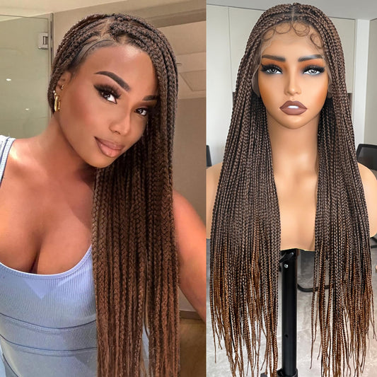 Suntefic Knotless Box Braided Wigs for Black Women Glueless Double Full Lace Front Human Hair Blended Lightweight Hand Braid Wig with Baby Hair (1BT30, 30 Inch)